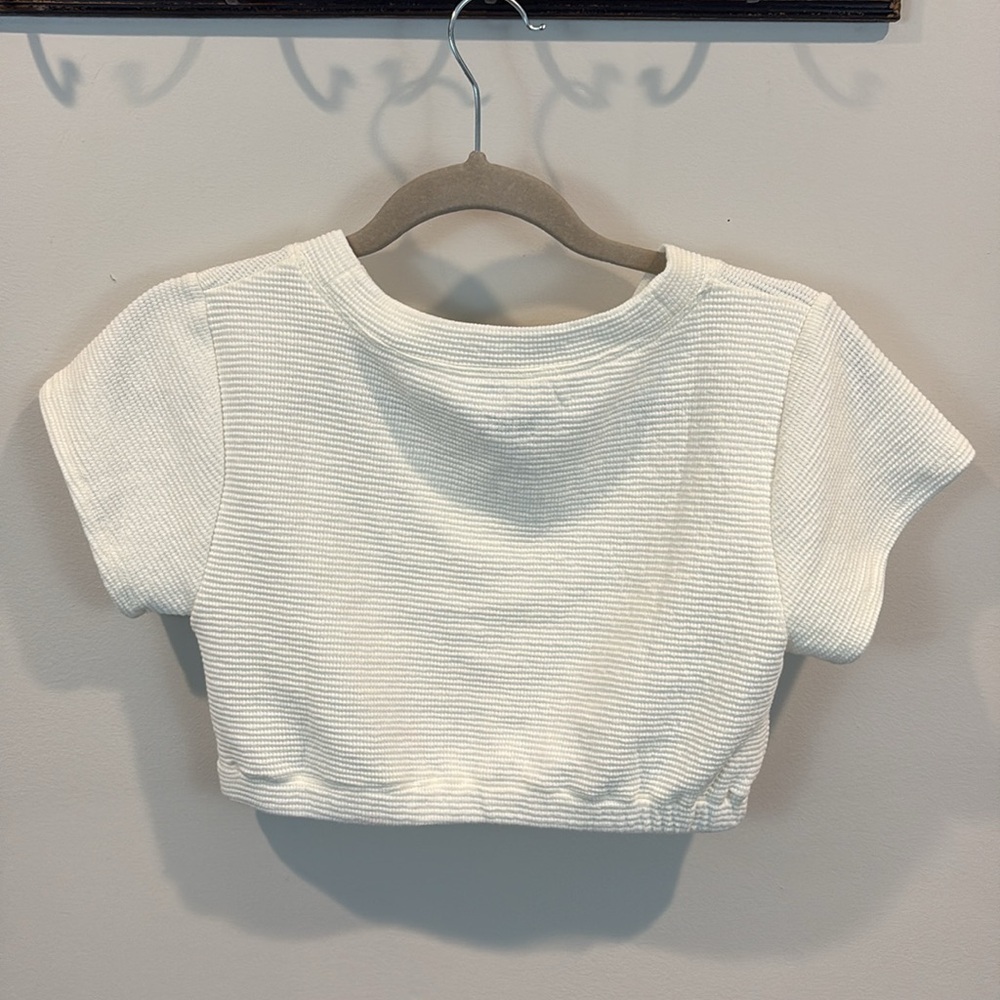 Madewell V Neck Crop Tee Thermal Waffle Knit in Lighthouse Size Large - Picture 4 of 7